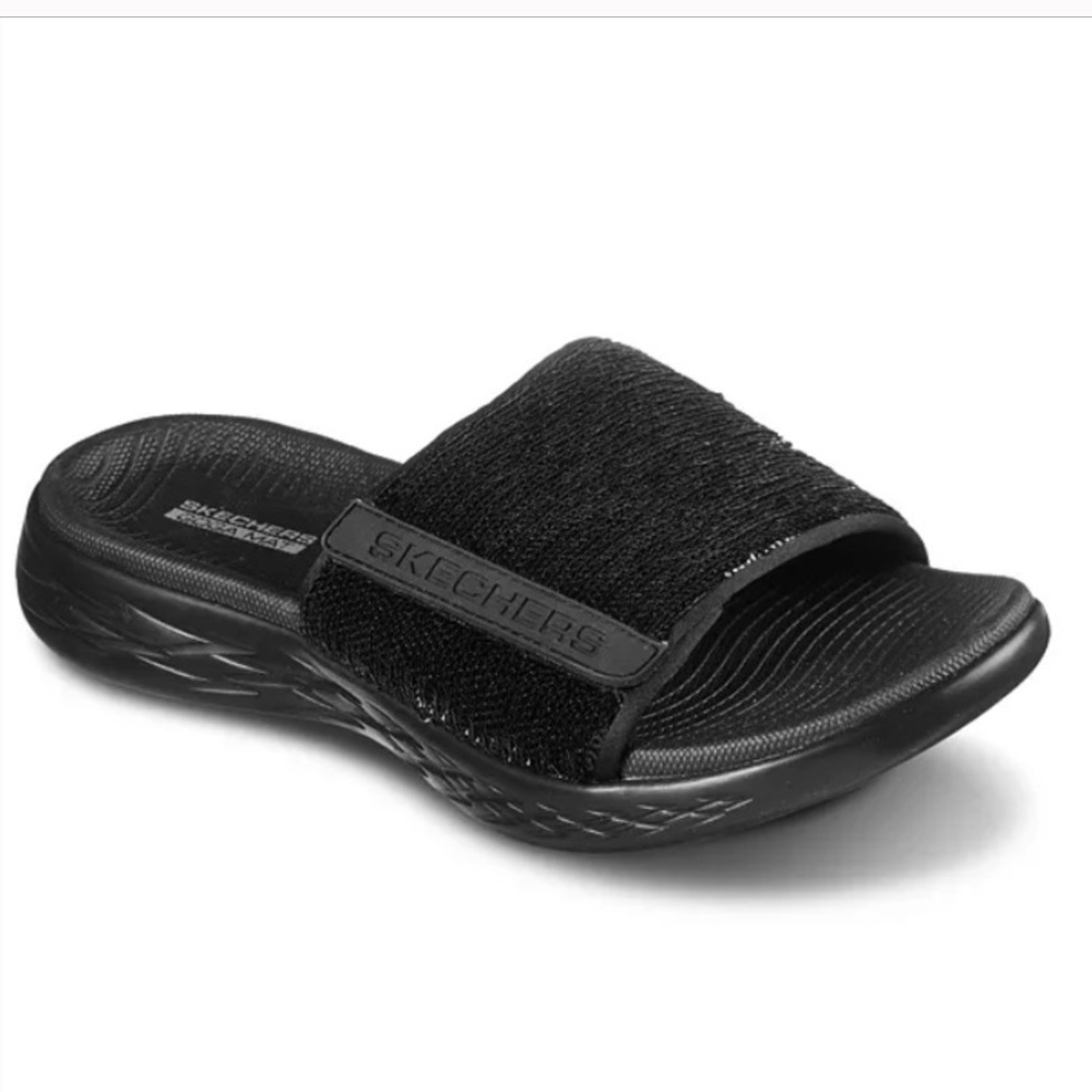 SKECHERS BLACK SEQUIN SLIDE SANDAL - Picture 2 of 9